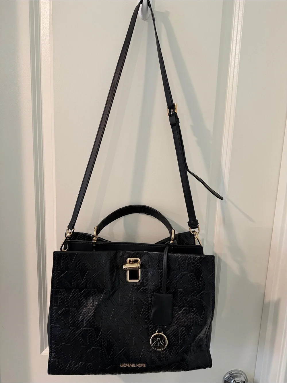 Michael Kors Black Quilted Logo Satchel with Gold Hardware